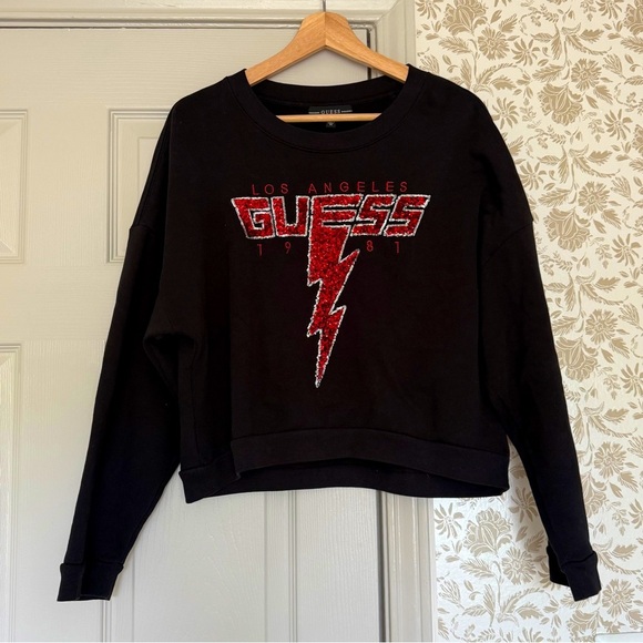GUESS Los Angeles Lightning Bolt Sweatshirt – Black Red Glitter Logo, Size M - Picture 1 of 2